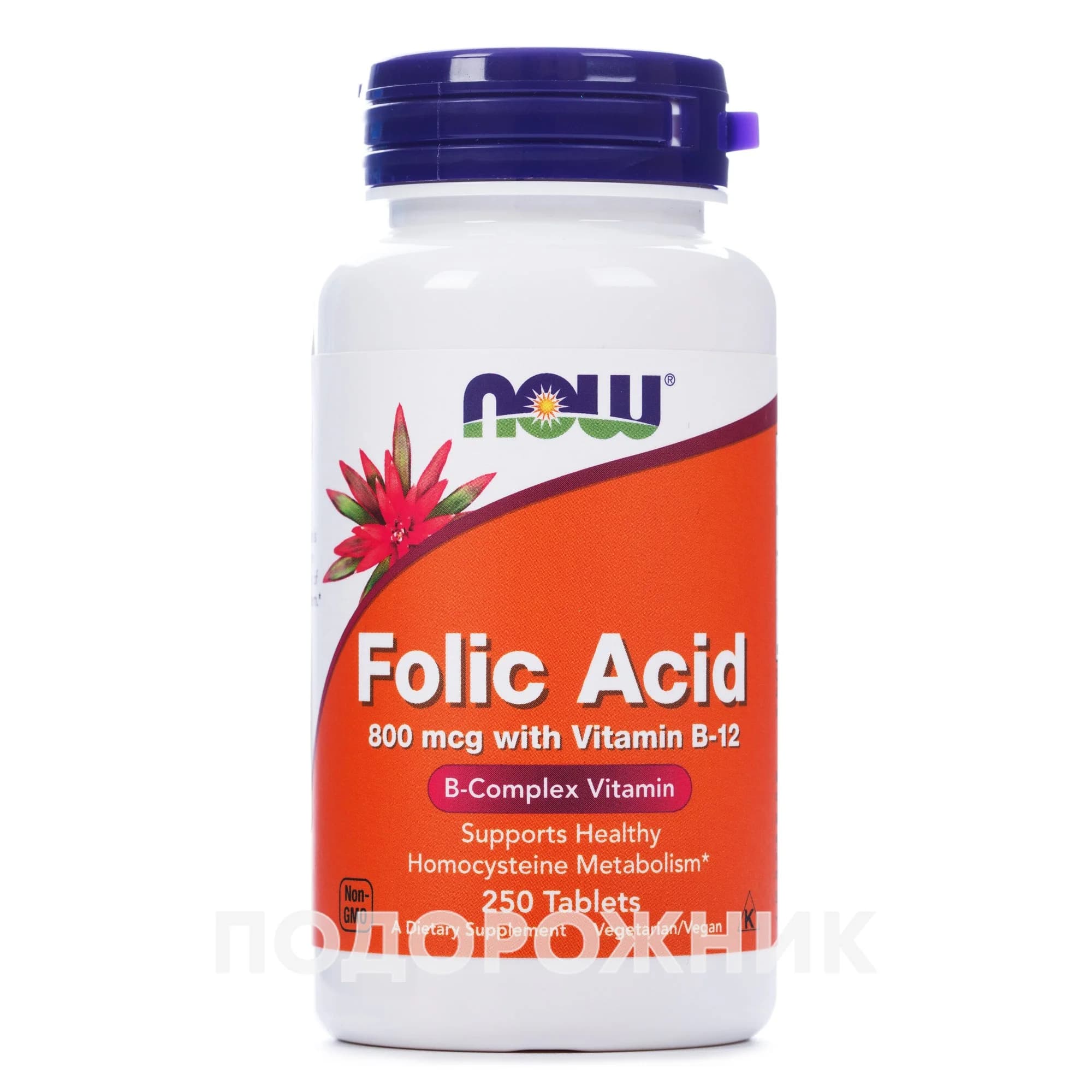 Фолієва кислота з вітаміном В12 NOW (Нау) таблетки по 800 мкг, 250 шт