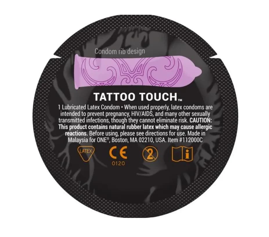Презерватив ONE (Ван) Tattoo Touch, з текстурним малюнком фіолетовий, 1 шт.