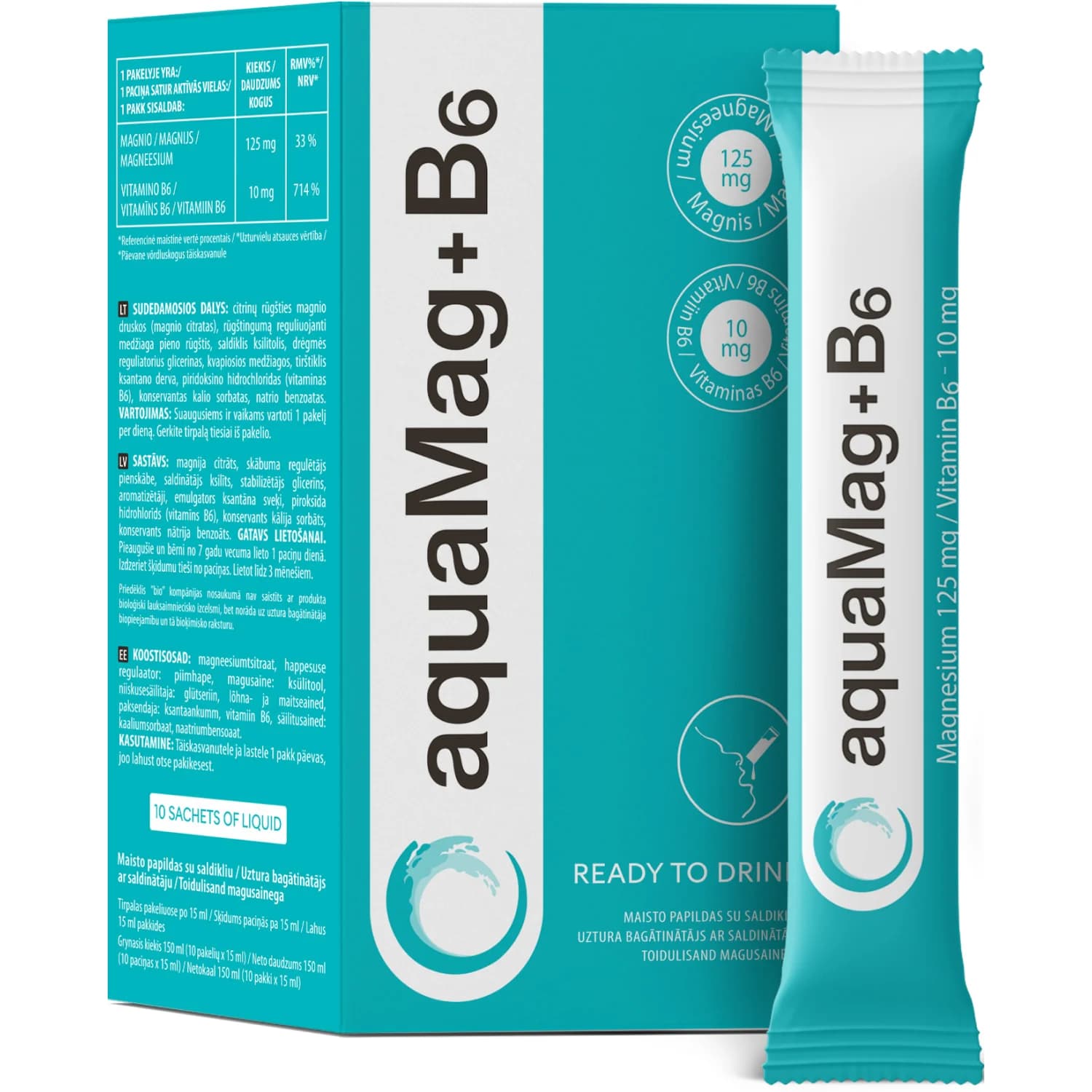 AquaMag (АкваМаг)+ B6 оральний розчин у стіках по 15 мл, 10 шт.