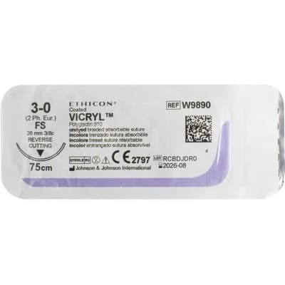 Шовний матеріал Вікрил (Vicryl) 3-0 зворотньо-ріжуча голка 26 мм, 3/8 кола, довжина 75 см (W9890)